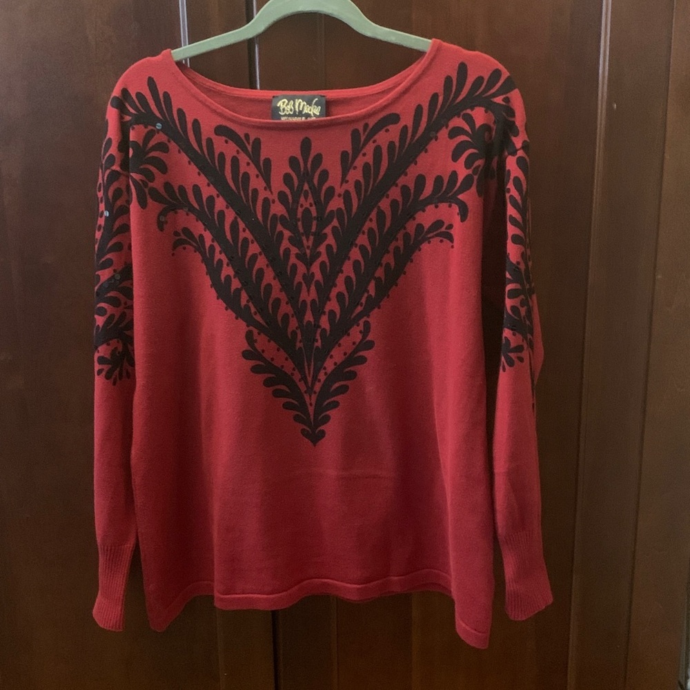 Bob Mackie Sweater in Red with Black printed Wearable Art design with sequins